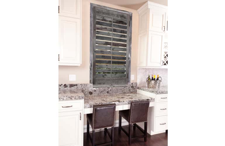 Reclaimed wood shutters on kitchen window in Salt Lake City